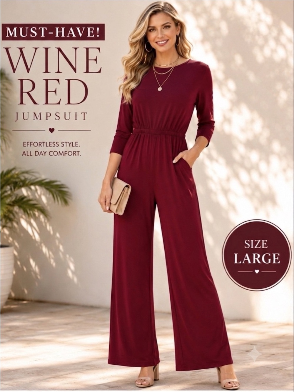 Popana Wine Red colored Jumpsuit w keyhole back & 3/4 sleeves SZ L elastic waist